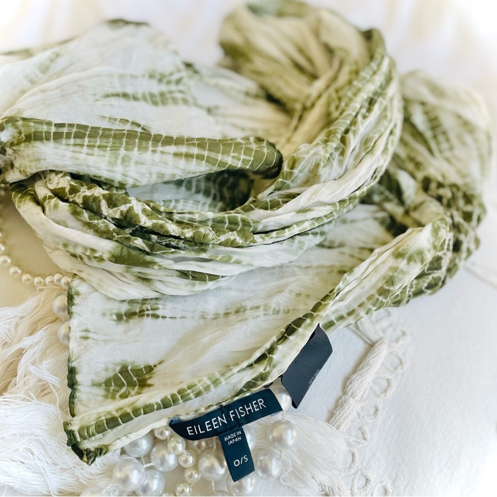 SOLD✨EILEEN FISHER | OS | 72” Silk Cotton Olive Shibori Tie Dye Rare Scarf